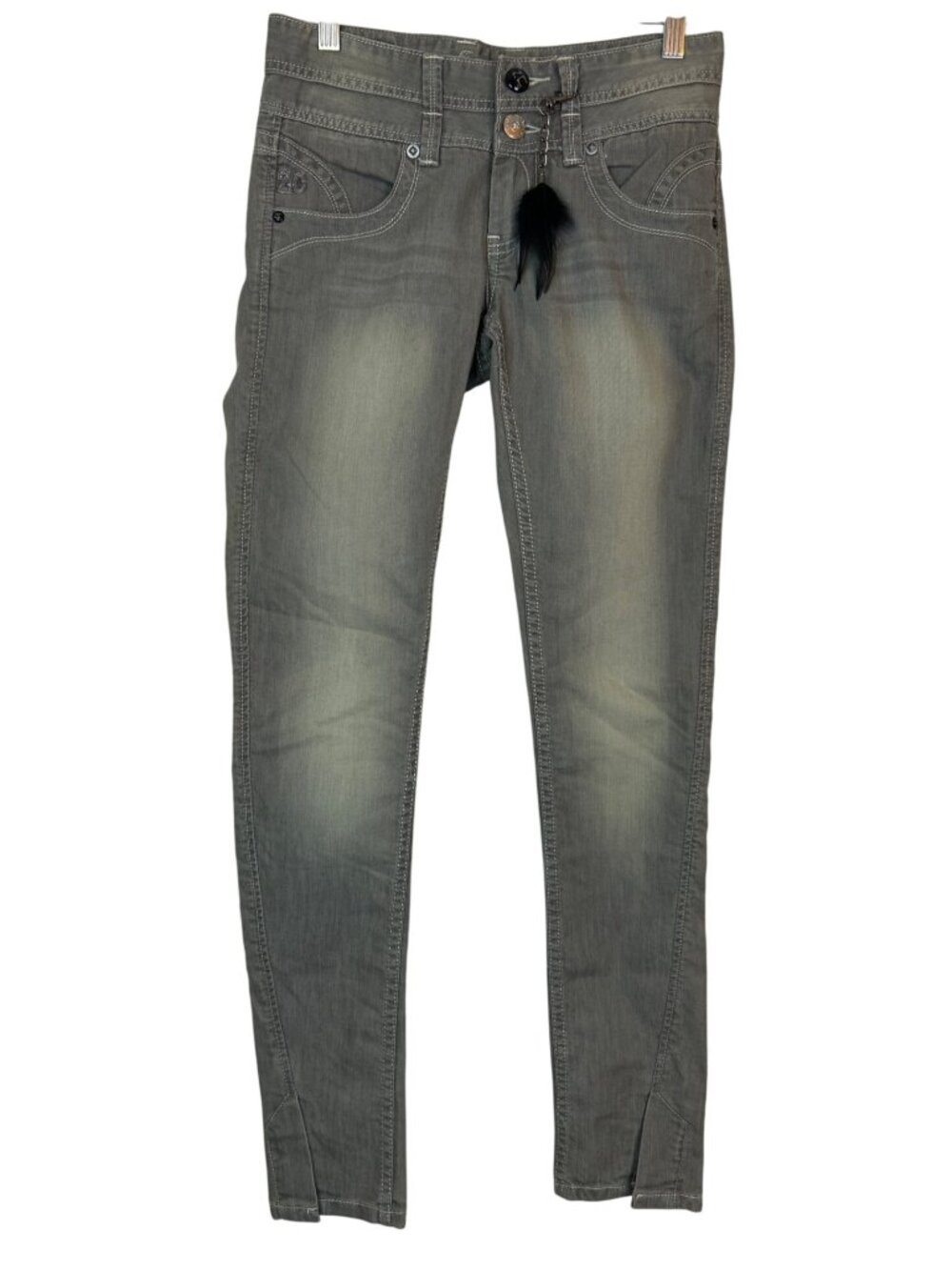 Vtg Z. Cavaricci Jeans Sz 26 Y2K 90s Low Rise Slim Fit Faded Gray Feather Detail